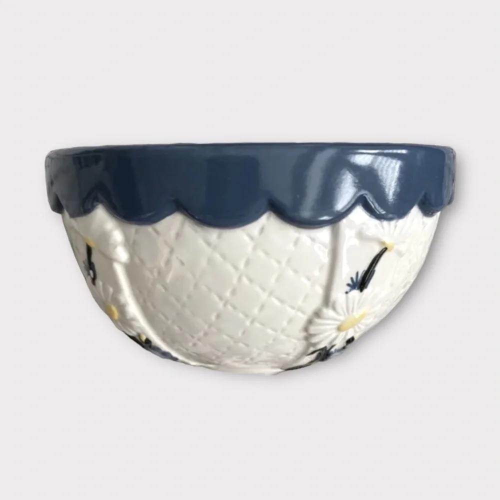 Vintage Ceramic Bowl Flowers Blue Scalloped Trim 6.5” Stamped Marked Decor Artsy